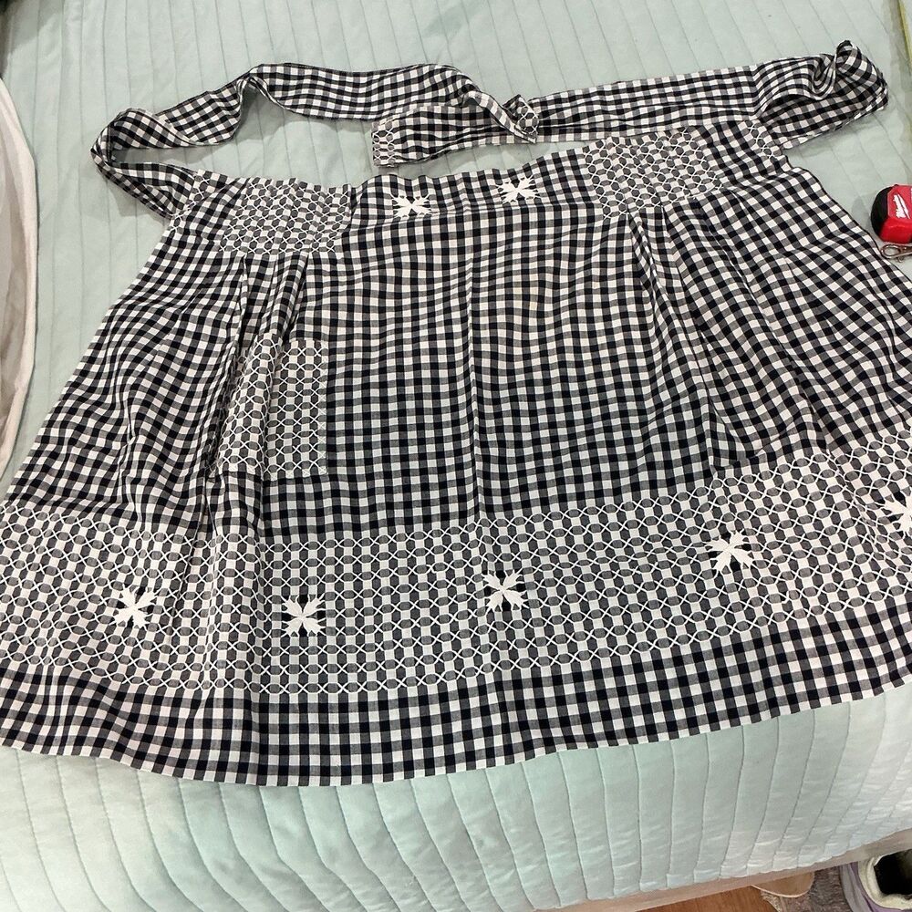 Vintage Handmade Black White Gingham Half Apron Embroidered Pocket 70” Tie